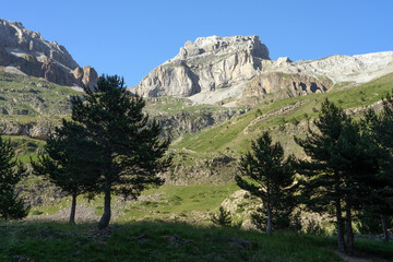 Aisa valley mountains at sunset in the occidental pyrenees valleys in the north of Spain. Huesca, Aragón, Spain.