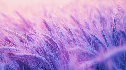 Fototapeta premium A clear image shows a pink sky above lavender-colored grass in focus, while the background is blurred