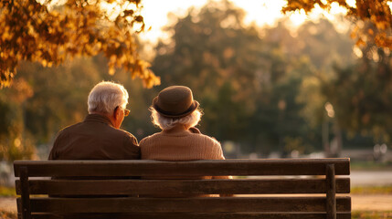  elderly men and women couple are hanging out together on a bench in  the foliage city public  park 