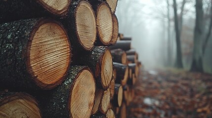  A log pile surrounded by dense trees and misty foliage - Powered by Adobe