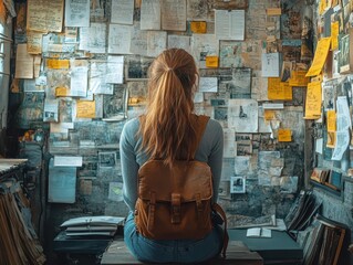 creative blogger immersed in writing about personal branding, surrounded by professional images and notes, showcasing the blend of narrative and visual storytelling in the digital age