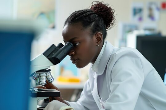 Black female scientist examines object under microscope in laboratory. Woman in white lab coat focuses on experiment with hand on eyepiece. Equipment and computer monitor in blurred background.
