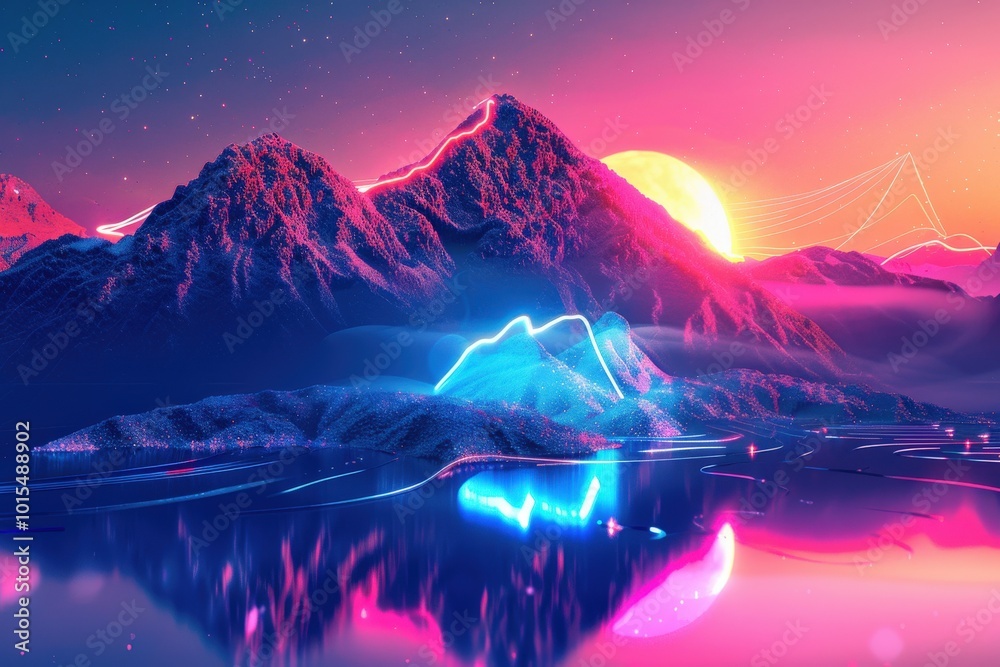 Wall mural a mountain range with a large red circle in the sky, generative ai image