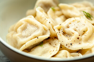 Delicious steamed dumplings seasoned with black pepper and dill in a white bowl, perfect for lunch or dinner. Traditional ukrainian and russian cuisine, a hot and tasty snack or main course