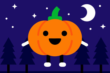  Kawaii Pumpkin in a forest at the midnight vector illustration