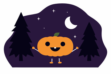  Kawaii Pumpkin in a forest at the midnight vector illustration