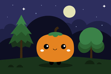 Fototapeta premium Kawaii Pumpkin in a forest at the midnight vector illustration