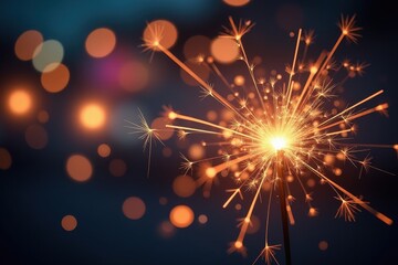 The sparkler shines brightly in the foreground, with blurred lights softly fading behind it