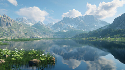 Fototapeta premium A tranquil lake at the foot of a mountain range, reflecting the towering peaks above.