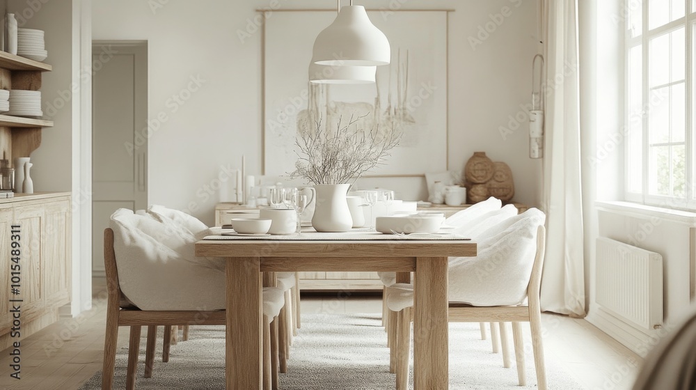 Aufkleber a spacious dining area features a wooden table set with simple dishware, surrounded by upholstered c