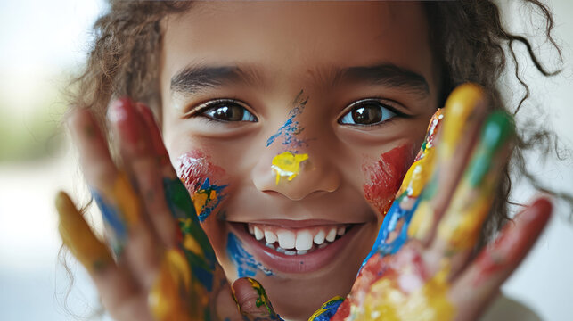 the kid is having fun with paints color while painting on the white wall 