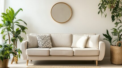 Naklejka premium Serene light living room featuring a cozy sofa lush houseplants and a stylish mirror against a bright wall for a tranquil and airy atmosphere