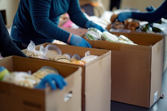 Adult volunteers pack donated food into cardboard boxes. Community effort to help in. Close-up of hands packing canned goods, fresh produce, items. Teamwork, cooperation in warehouse.