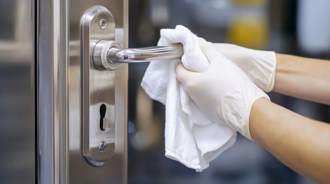 Hand sanitizing door handles with gloves and wipes for infection control in public spaces promoting health safety during the pandemic