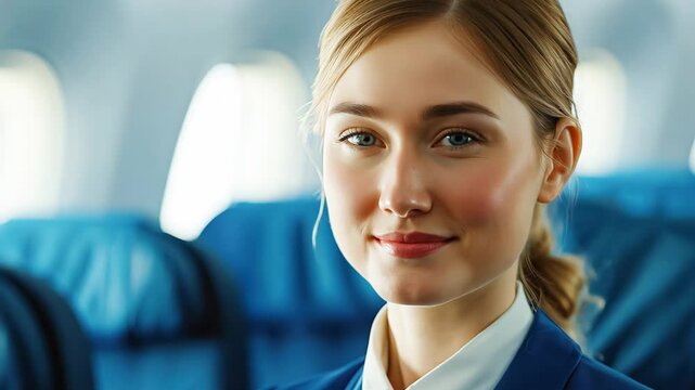 Smiling stewardess in uniform in the airplane cabin. Travel, air travel and pleasant service concept