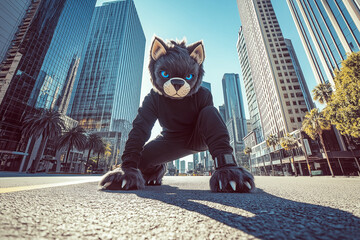 Dark Themed Furry Character in a Powerful Quadrobics Pose in the City with Blue Eyes