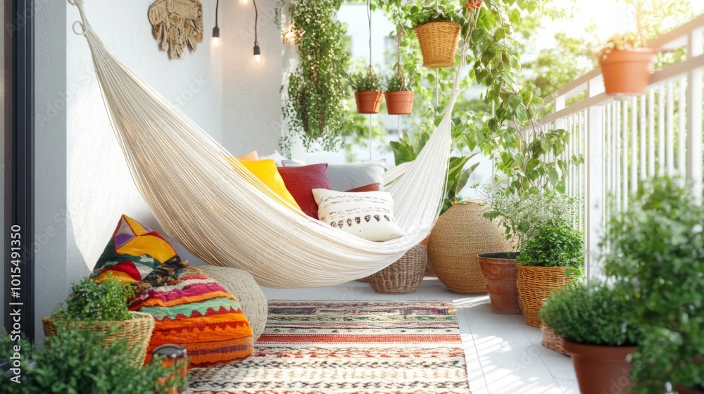 Leinwandbilder A serene balcony features a soft hammock adorned with colorful pillows. Surrounding it are various potted plants and decorative baskets filled with greenery, creating a tranquil outdoor space.