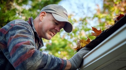 Man maintaining home gutters for cleanliness and safety emphasizing home improvement maintenance outdoor care and preventive household upkeep