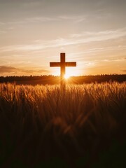 Photorealistic ai image of a cross at sunset in tall grass. Generative ai.