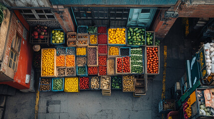 Fototapeta premium Aerial view of crates filled with various fruits and vegetables, symbolizing organized logistics and distribution in the fresh produce industry. 
