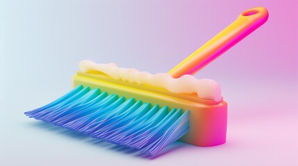 A close-up of a vibrant cleaning brush with bright blue bristles and pastel hues. Soap bubbles cover the top, highlighting cleanliness and modern cleaning tools in a playful style.