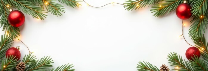 festive Christmas-themed border frame composed of pine branches with red baubles, pine cones, Christmas lights on white background. seasonal promotions, e-commerce, header, email newsletter concept.