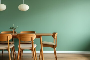 Dining room interior with wooden table, chairs against green wall. Vase with single flower on table, pendant lights above casting soft glow on wooden floor. Modern, Scandinavian design with