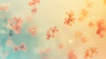   Group of pink flowers floats on blue-yellow backdrop with blurry sky