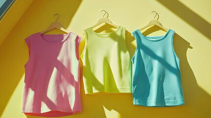   Three T-shirts hanging on a yellow wall and a blue-pink T-shirt on a hanger