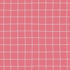 Wavering Grid. Hand crafted lines. Square Line Gingham. Natural hand drawn line. Red Punch Pink Grid Line. Seamless Grid Pattern.