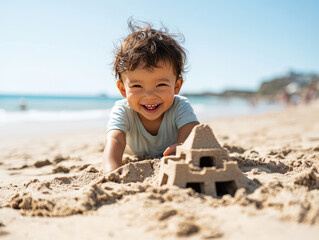 infant baby boy is playing on the sand at the beach