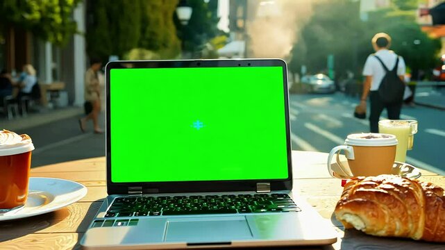Capture essence remote work with laptop green chroma key screen set inbustling street caf&eacute; complete with croissantcup coffee water outdoor productivity engaging video footage croissant passerby orange