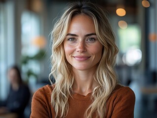 Fototapeta premium enthusiastic businesswoman animatedly discussing ideas with colleagues in a bright, modern office setting, showcasing teamwork and collaboration in a professional environment