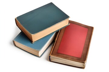 Stack of 3 books in different colors blue, red, brown. Hardcovers with white spines. Vertical arrangement with slight overlap. Book covers vary in size.
