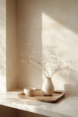 A minimalist interior arrangement at a corner, featuring a white cup and dried flowers in a vase on wood tray on surface. Sunlight filters through a window, casting shadows on the wall. Still Life.