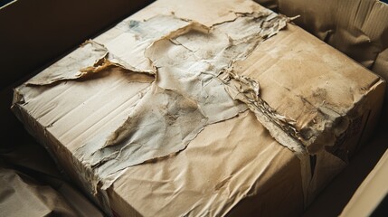 Damaged packaging box with torn paper highlighting concerns of product safety and integrity in shipping and storage emphasizing quality control and logistics