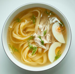 Chicken soup with noodles served in a white bowl, garnished with fresh dill and containing pieces of boiled chicken meat and sliced boiled egg