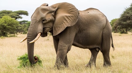 Fototapeta premium Close-up of a majestic wild elephant foraging in lush African savanna showcasing biodiversity and wildlife in Tarangire National Park safari experience