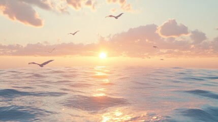 A peaceful moment of birds flying over the sea at sunset, with the sky glowing in soft hues and the ocean waves reflecting the light