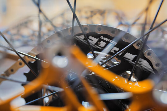 Pozorice, Czech Republic - October 06 2024: A close-up view of the SRAM Force cassette label installed on a gravel wheel. SRAM LLC is a bicycle component manufacturer based in Chicago, Illinois.