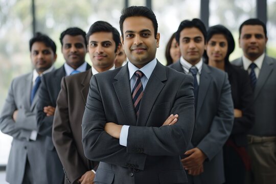 Group of corporate professionals standing together, dressed in formal business attire. Gray suit with red tie in center, others with suits, ties. Pro environment, possibly conference meeting, with - Powered by Adobe
