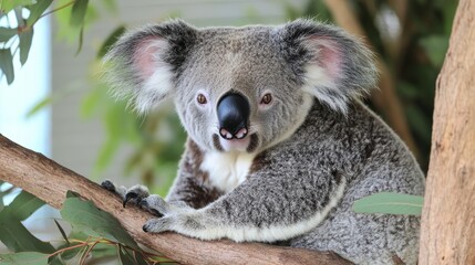 Obraz premium Charming Koala Relaxing in Eucalyptus Tree Iconic Australian Wildlife with Plush Fur Large Ears and Endearing Expression in Natural Habitat