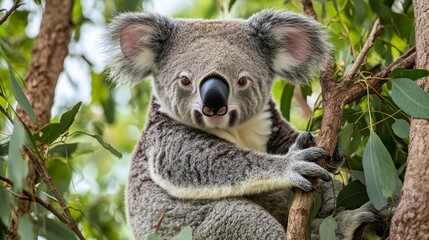 Fototapeta premium Cuddly koala perched on eucalyptus tree showcasing its unique features and natural habitat a symbol of Australian wildlife and conservation efforts