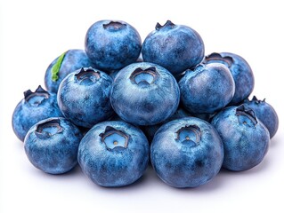 Fototapeta premium fresh blueberries isolated against a pristine white background, highlighted with natural lighting, showcasing their plumpness and vivid blue hues, inviting a sense of freshness and health