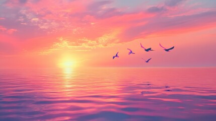Fototapeta premium Birds in graceful flight over the ocean, the vibrant sunset casting colorful reflections on the water and creating a peaceful scene