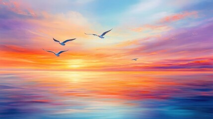 Obraz premium Birds in graceful flight over the ocean, the vibrant sunset casting colorful reflections on the water and creating a peaceful scene