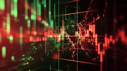 Obraz premium Abstract financial chart with glowing red and green lines representing market movements and trading activity. The chaotic design highlights stock market volatility and unpredictable economic