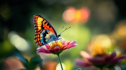 Obraz premium A butterfly perched on a blooming flower, with vibrant colors in both the wings and petals, set in a sunny meadow.