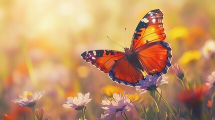 A butterfly perched on a blooming flower, with vibrant colors in both the wings and petals, set in a sunny meadow.