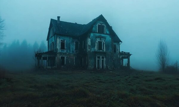 A dilapidated house shrouded in mist, evoking a haunting atmosphere.